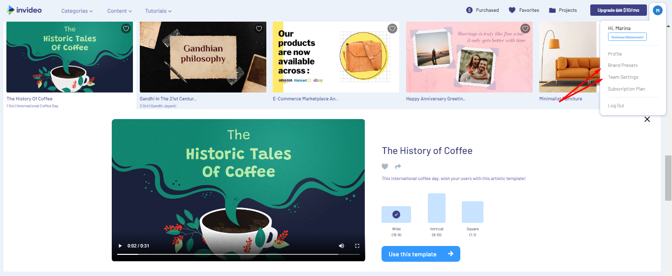 InVideo Brand Presets and Team Settings Features